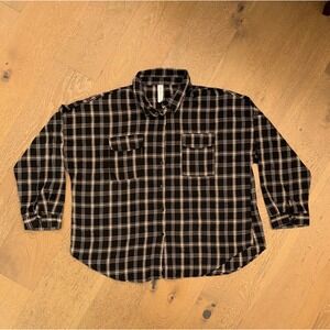 B Womens XXXL Black White Plaid Button Down Flannel Shirt Long Sleeve‎ Oversized